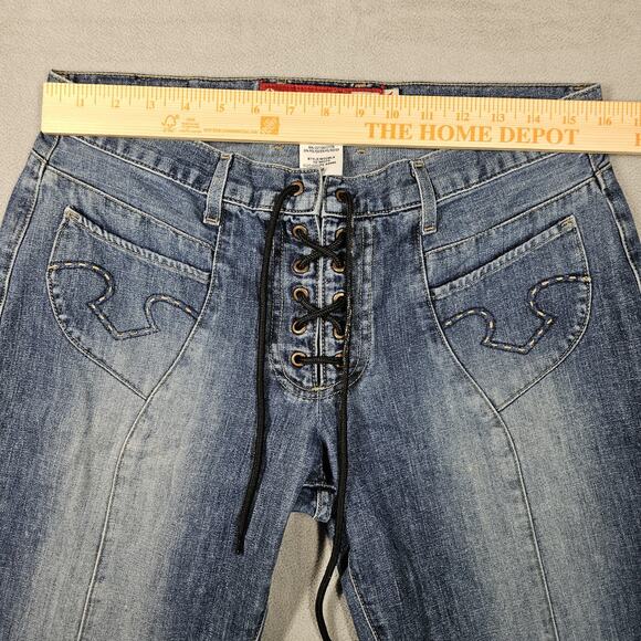 Vintage Guess Bootcut Jeans Womens Size 32 Y2K Lace Up Fly Blue Jeans Cowgirl - Picture 10 of 13